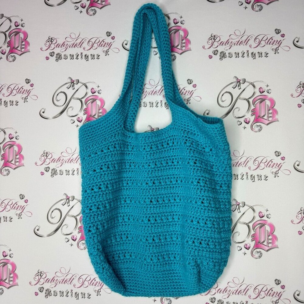 Bag Crochet knit knitted blue turquoise tote bag cute beach boho summer beachy